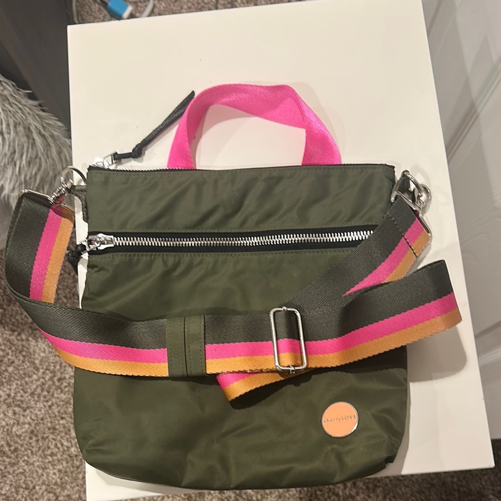 ShortLove Olive Crossbody Bag with Pink Strap